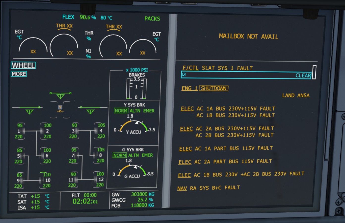 Brake, accumulator and electrical system indications in the A350 cockpit.