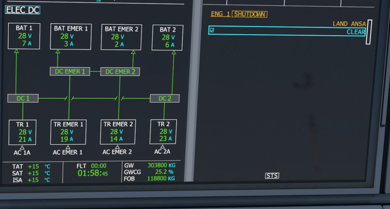 A350 DC electrical page showing battery and transformer rectifier values.