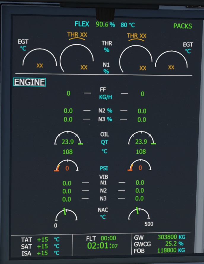A350 engine system page showing oil quantity and engine condition values.