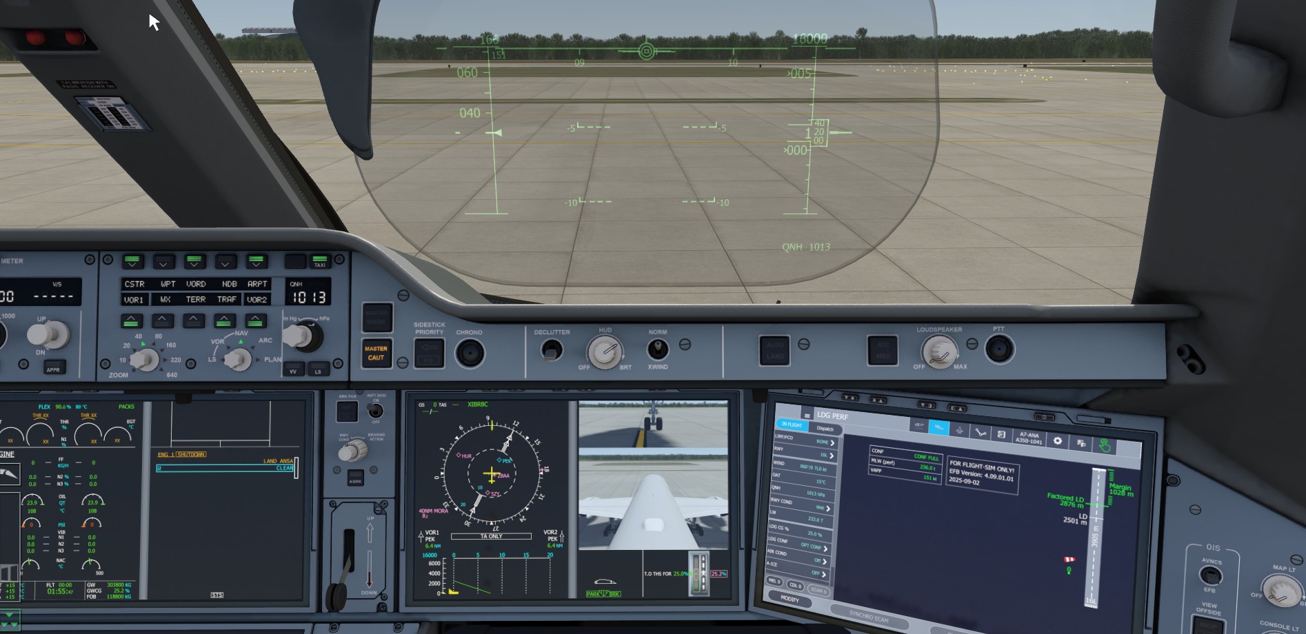 Aerofly A350 cockpit and HUD view suitable for runway-awareness and operational pages.