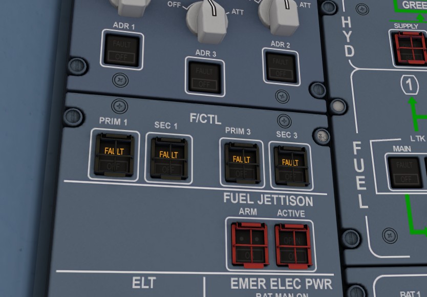 PRIM and SEC overhead fault indications during a multiple-computer scenario.