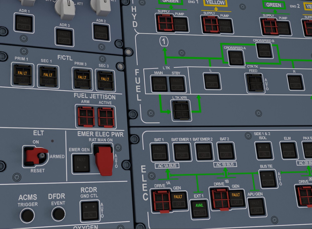 ECAM and STATUS consequences, including PRIM, SEC, yaw-damper and rudder-trim losses.