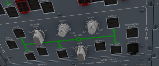 A350 overhead air-conditioning panel showing cockpit and cabin temperature selectors, pack controls, APU bleed, engine bleed and crossbleed controls