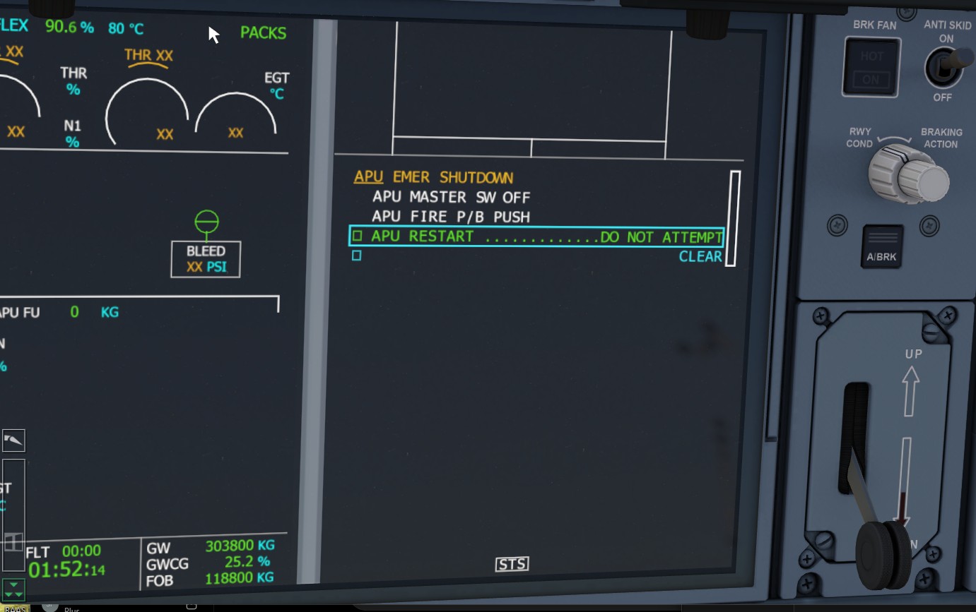 APU emergency shutdown procedure and restart prohibition displayed on ECAM.