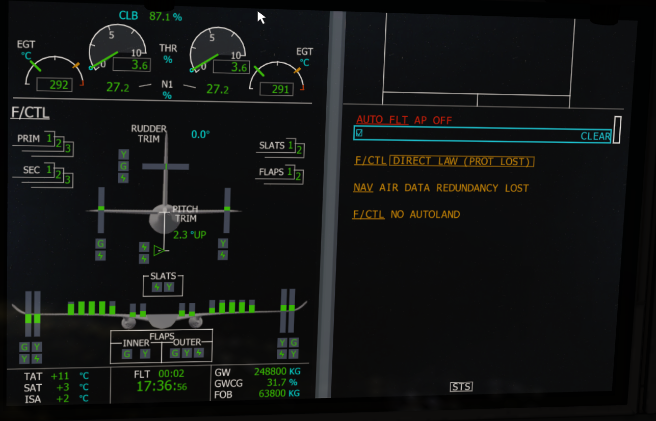 A350 ECAM flight-control page showing Direct Law, protections lost and no autoland