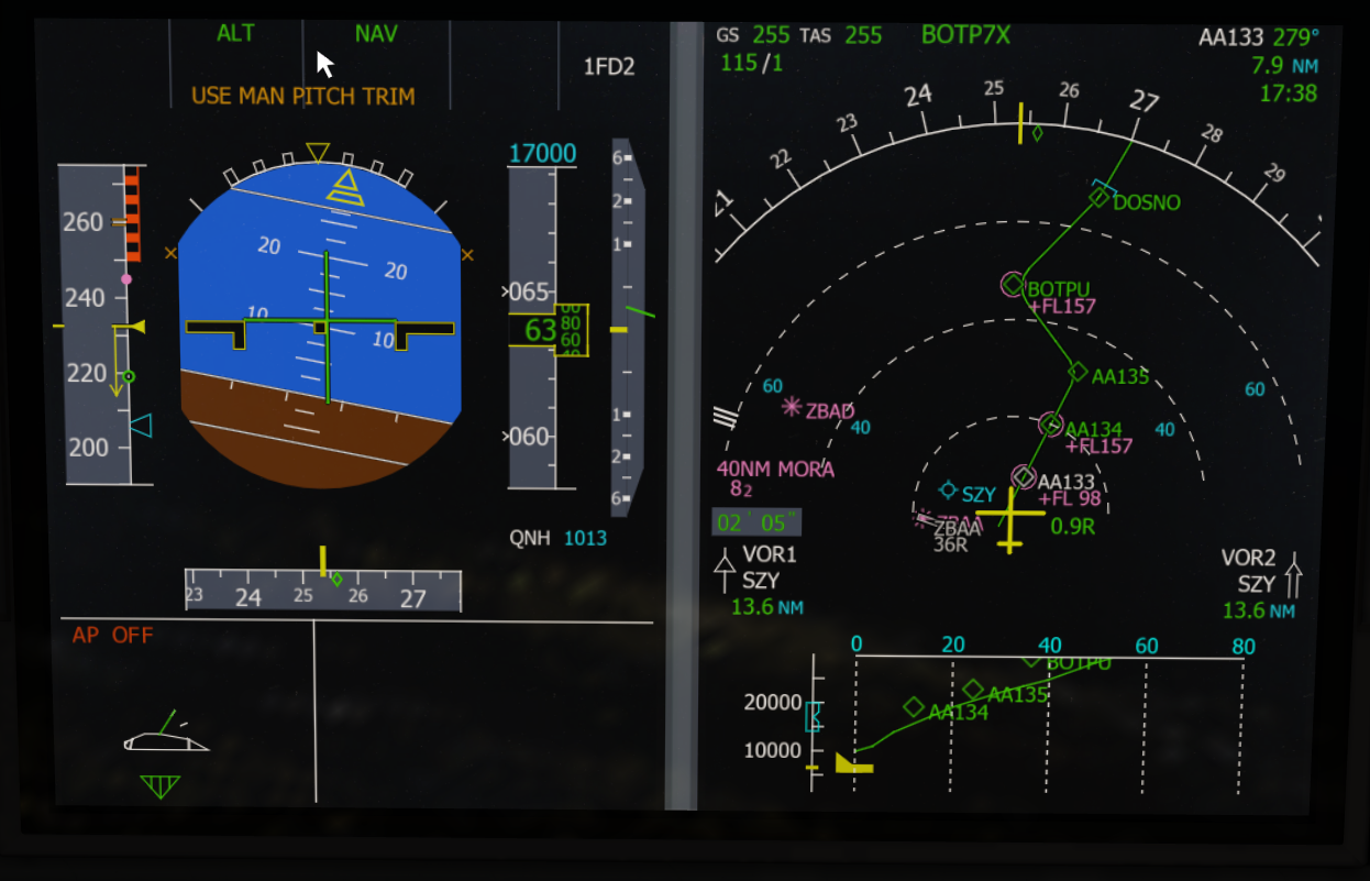 A350 PFD and navigation display showing autopilot off and manual pitch trim guidance in Direct Law