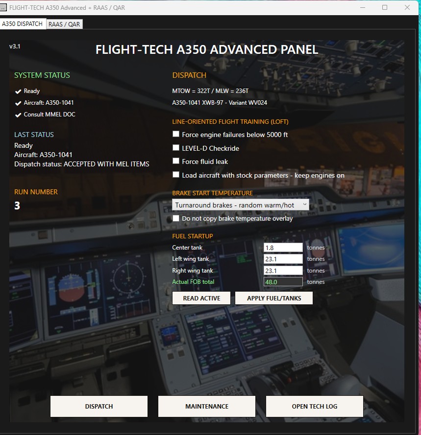 FLIGHT-TECH A350 Advanced dispatch panel with aircraft state, fuel and brake configuration controls.