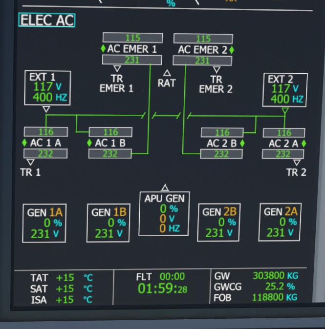 A350 AC electrical page with external power supplying both AC networks.