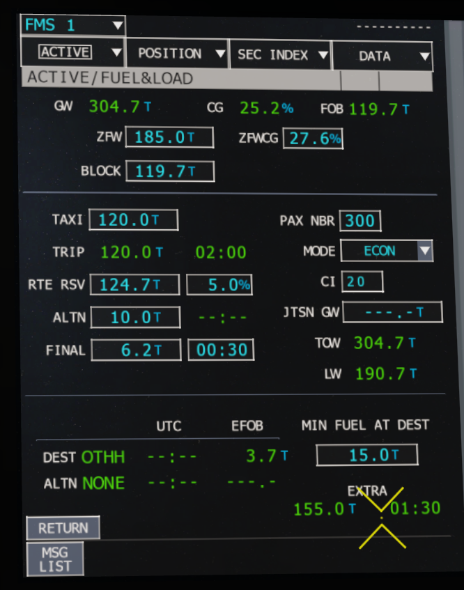 A350 FMS active fuel and load page showing block fuel, taxi fuel, trip fuel and calculated aircraft weights