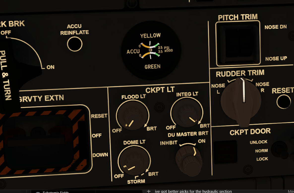 A350 cockpit hydraulic accumulator indication showing Yellow and Green accumulator pressure