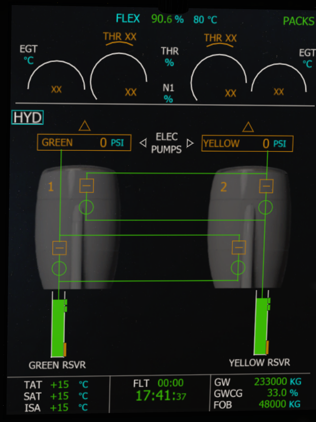 A350 HYD page showing Green and Yellow hydraulic pressure at zero PSI and the Green and Yellow reservoir quantities