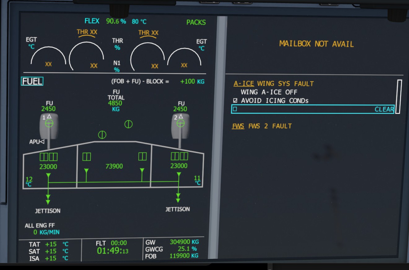 Fuel jettison active with the centre and wing tank quantities displayed.