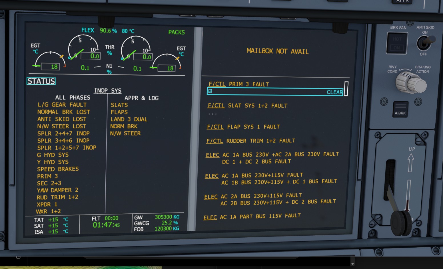Expanded ECAM and STATUS consequences across flight controls, hydraulics, braking and electrical systems.