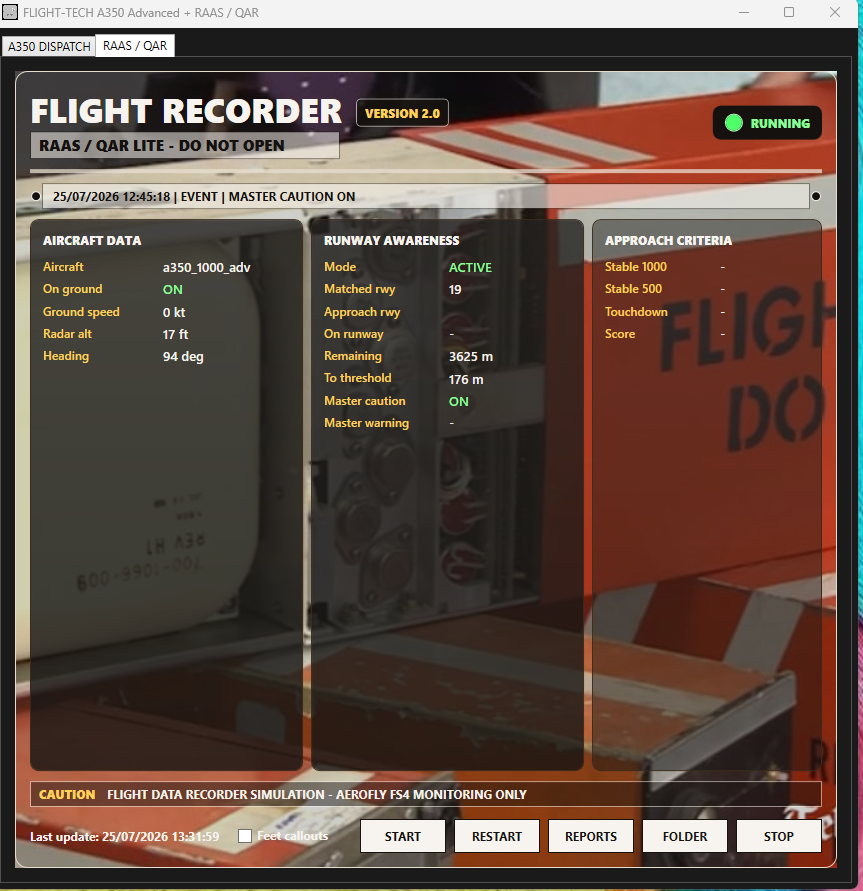 RAAS and QAR interface monitoring runway geometry and approach criteria.
