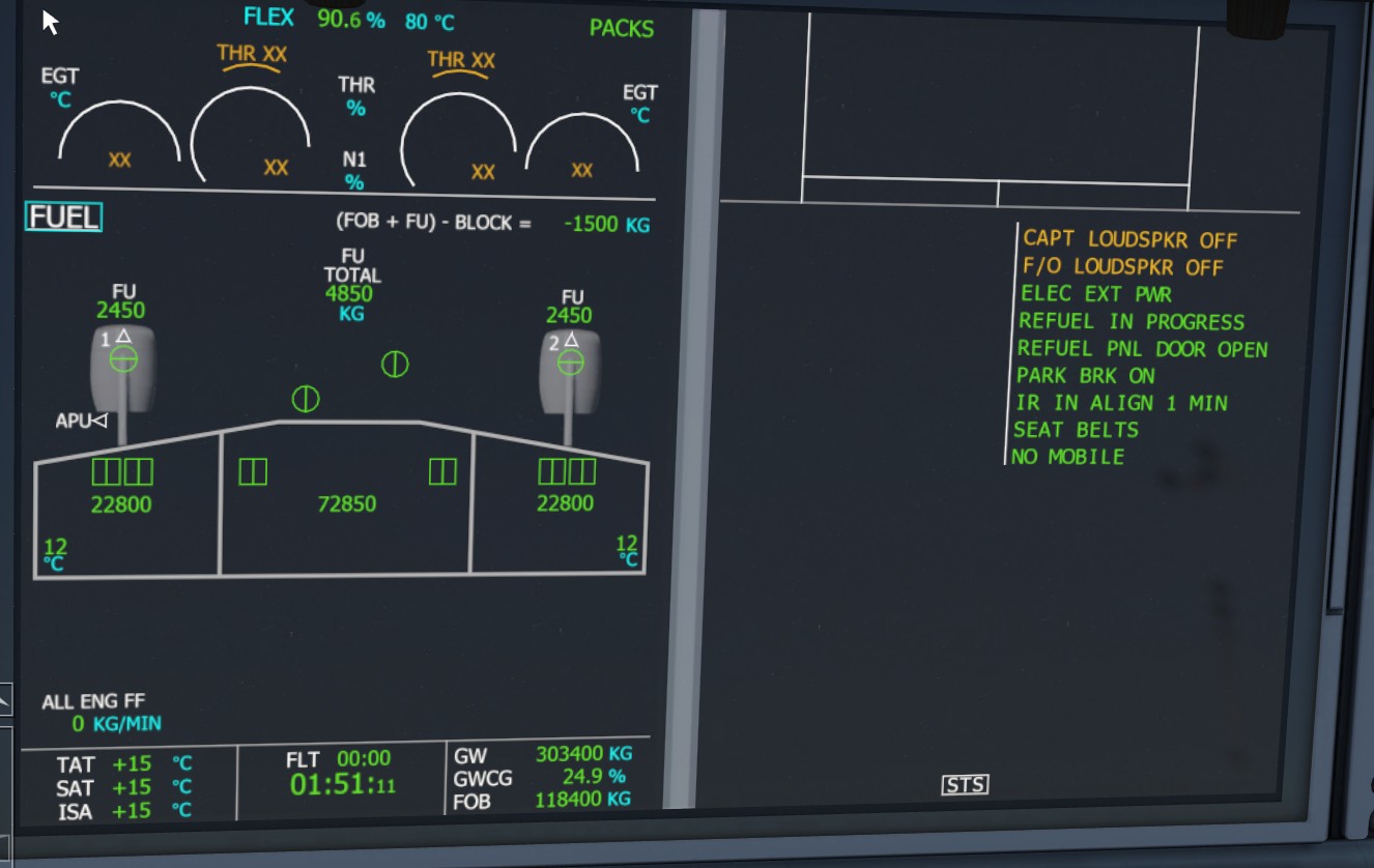 Refuelling in progress with tank quantities and refuelling memos.